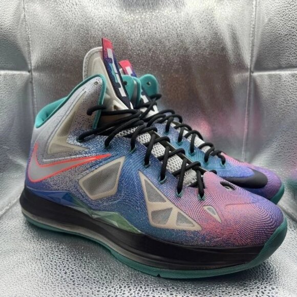 Size 12 - Nike LeBron 10 Pure Platinum Mens Blue Purple White Sneaker 541100-008 - Picture 1 of 10